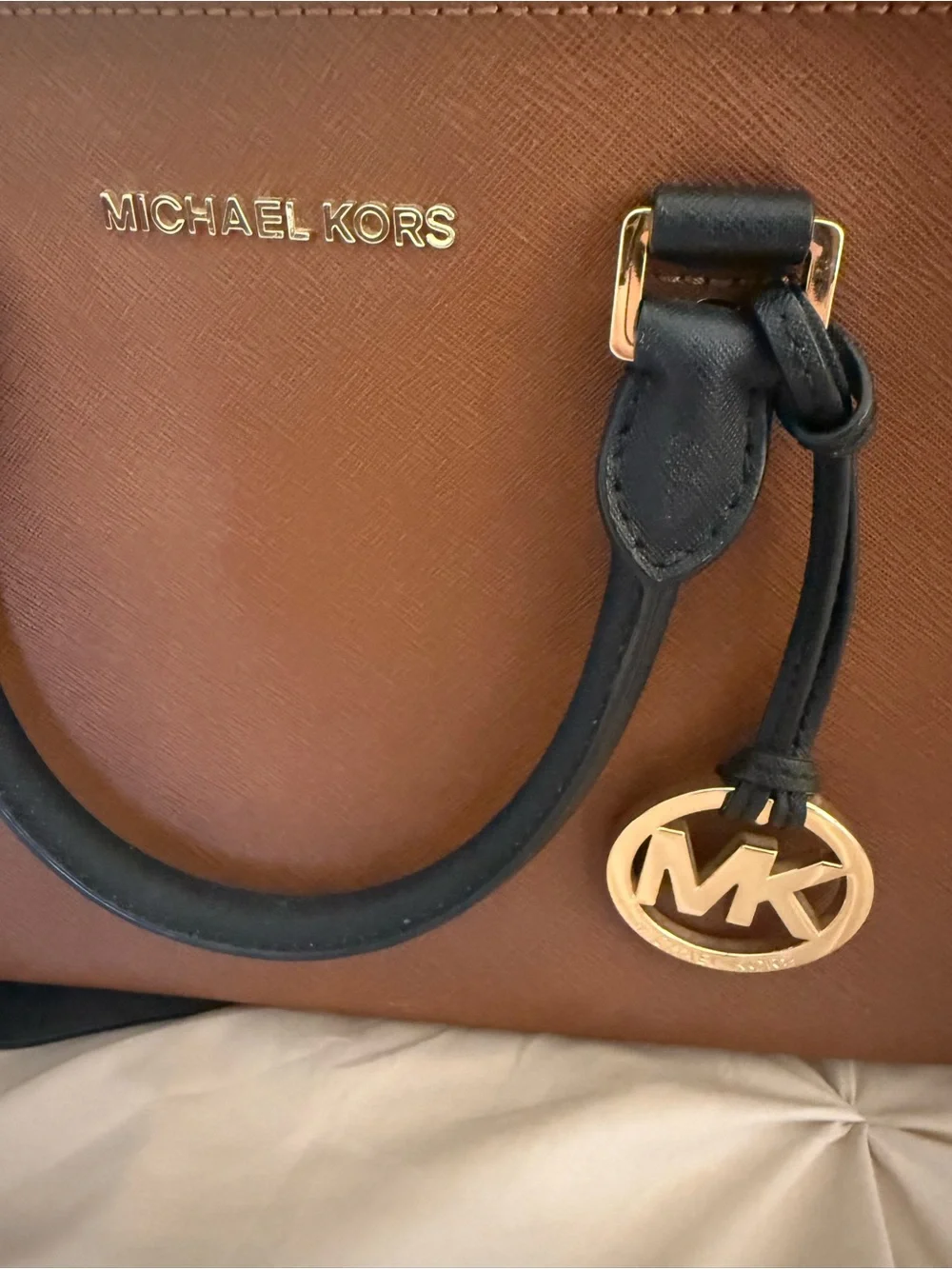 MICHAEL KORS Brown and Black Saffiano Leather Satchel with Gold Hardware